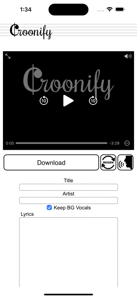 Croonify - User interface of the Croonify app for creating custom karaoke videos with lyrics and music.