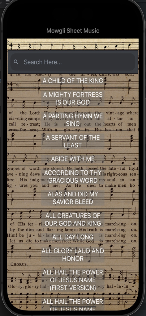 Hymns: Solos & Offertory - Mobile app screen displaying a list of traditional Christian hymns like A Mighty Fortress Is Our God with a search bar over a vintage sheet music background.