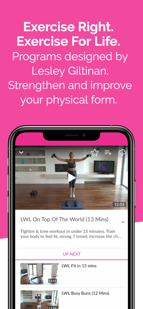 Lean With Lesley - Lean With Lesley app interface showing a fitness video and workout list
