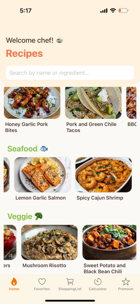 Instapot app - Instapot app home screen displaying categorized recipes for seafood and vegetarian dishes.