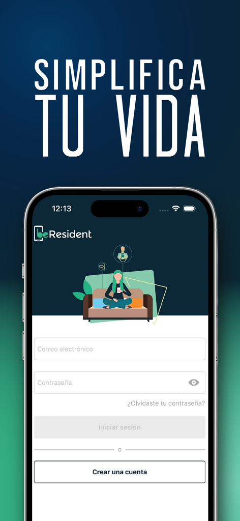beResident - beResident app login screen featuring the slogan Simplify your life and a resident management illustration
