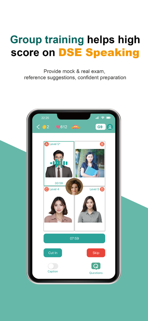 TutorJolly AI English Tutor - Group training interface for DSE speaking exams in the TutorJolly AI English Tutor app.