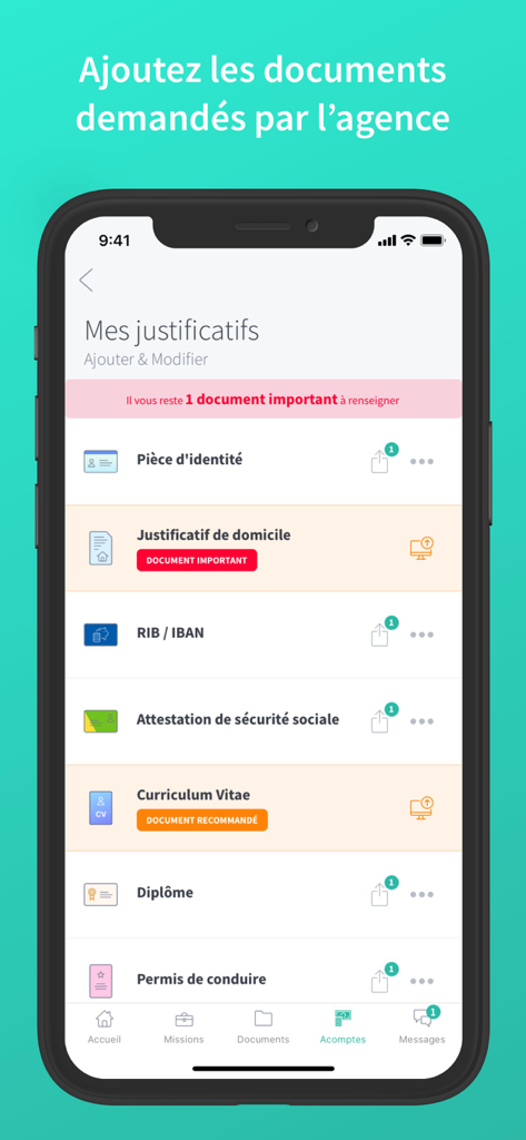 Armado - Armado mobile app screen showing a list of employment documents like ID and CV for a staffing agency