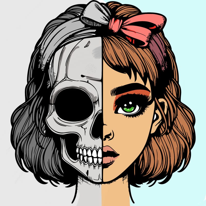 realistic girl with half skull mask