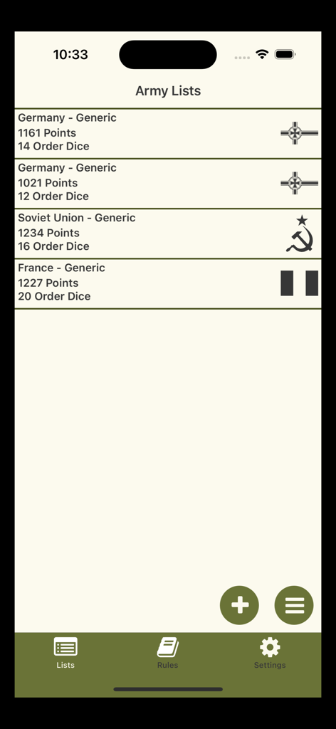2nd In Command: Bolt Action - 第二次世界大戦の派閥ごとの保存された軍隊編成リストで、ポイントと命令ダイスの数が表示されている