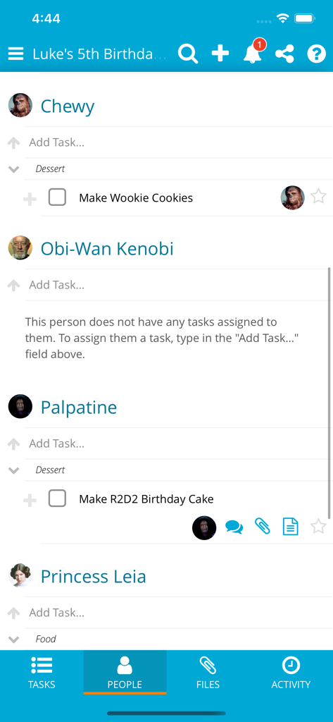 Vista de personas del gestor de proyectos Manage It que muestra tareas de equipo y colaboración