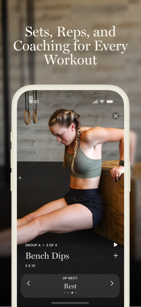 Culture of Motion - Culture of Motion app screen showing a woman performing bench dips with workout tracking details for sets and reps