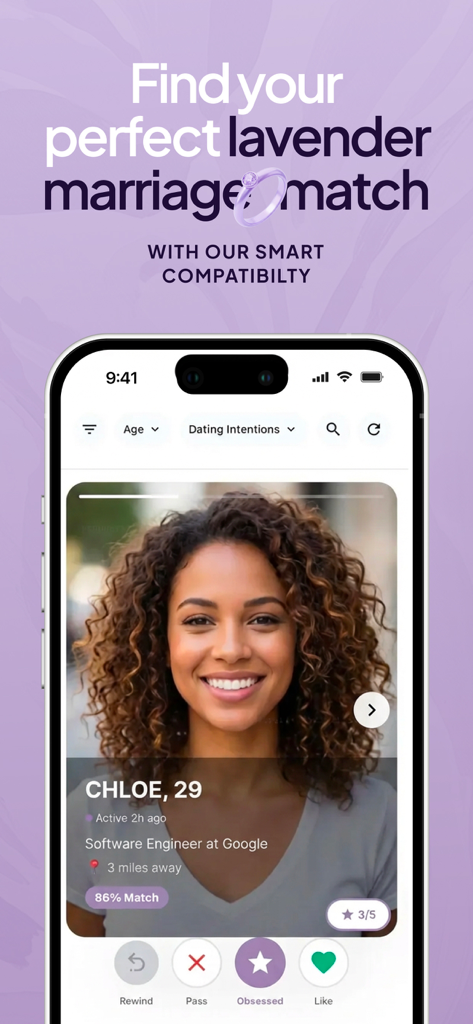 Accord app screen showing a user profile with a compatibility match score for a lavender marriage