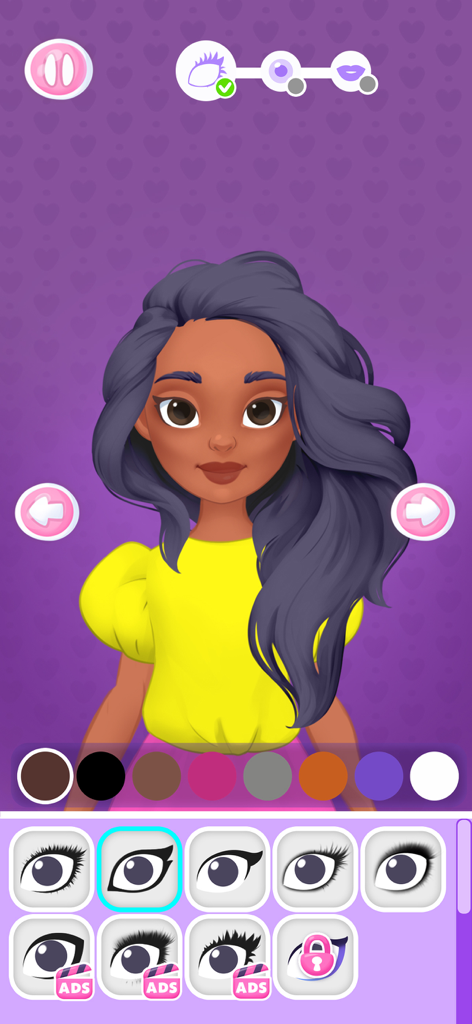 Doll Dress Up & Makeup Games 8 - Tela de personalização de personagem mostrando estilos de cílios e paleta de cores para uma boneca da moda.