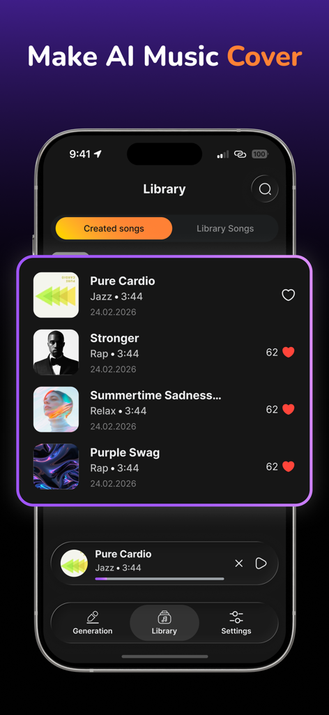 AI Song maker. Music generator - Interface do aplicativo gerador de música com IA exibindo uma biblioteca de músicas criadas