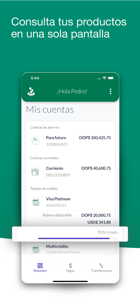 Dashboard de banca móvil Banesco RD mostrando saldos de cuentas y uso de tarjetas de crédito en una sola vista.