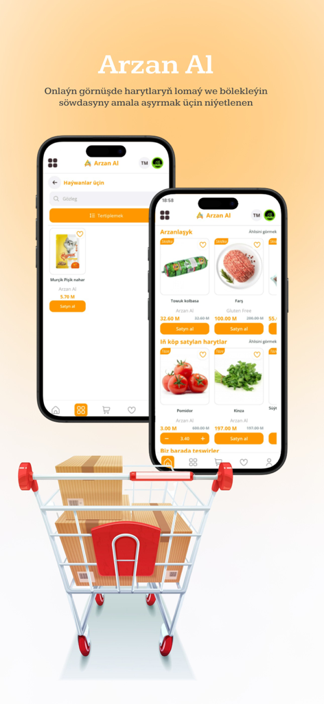 Arzan Al Market Taze app interface showing fresh produce and meat on two smartphones with a shopping cart