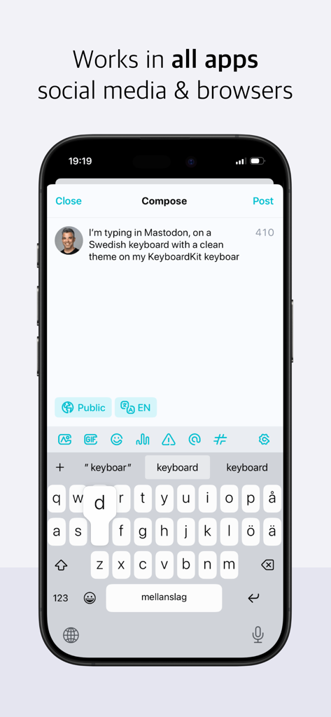 KeyboardKit - Teclado personalizado KeyboardKit con diseño sueco utilizado en una aplicación de redes sociales