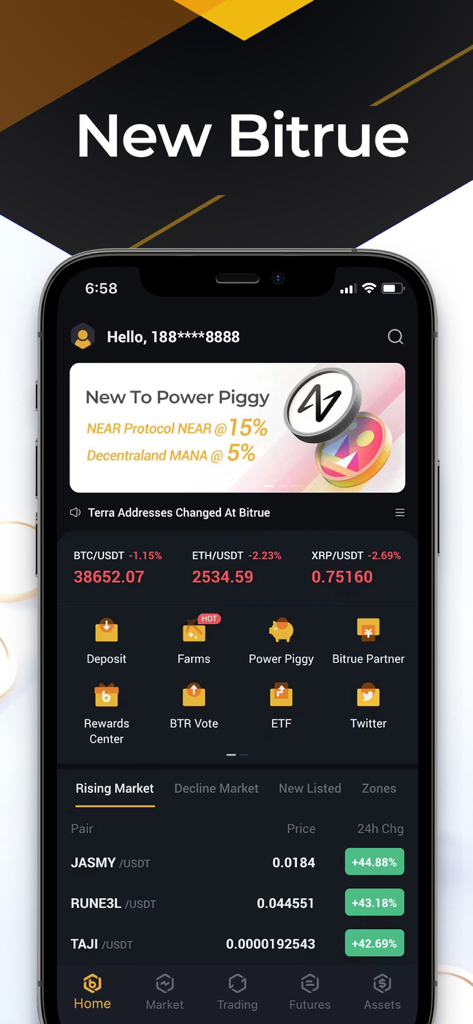 Bitrue - Buy BTC XRP & Crypto - Bitrue mobile app home screen showing real-time cryptocurrency prices and high-yield investment features like Power Piggy