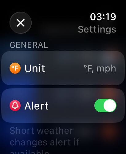 Weather mini for Watch - Settings screen of Weather mini for Apple Watch showing unit preferences and weather alerts