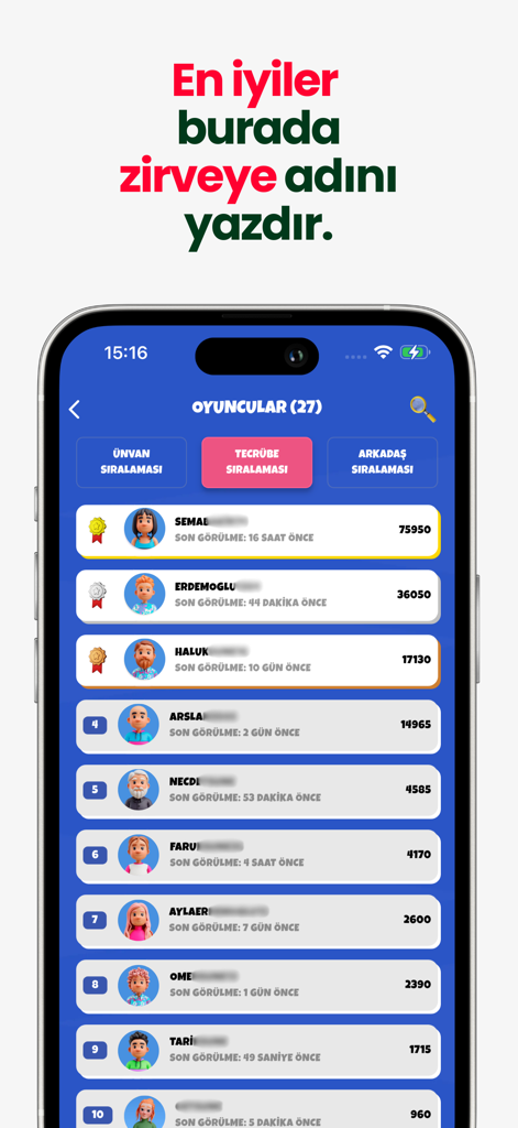 İsim Şehir Hayvan Online - Leaderboard screen showing player rankings and experience points in the Isim Sehir Hayvan Online app.