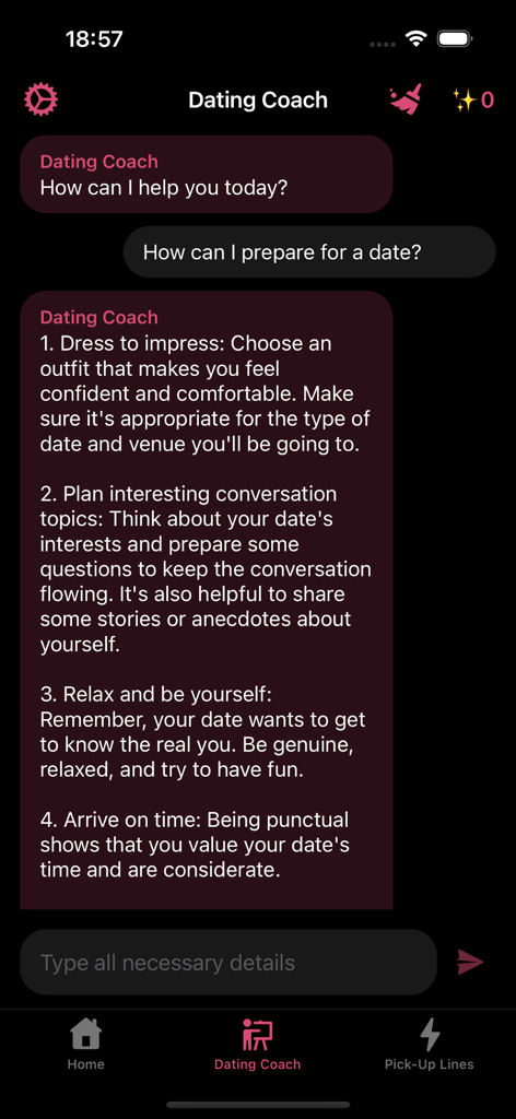 Rizz: AI Dating Assistant - A mobile app interface of a dating coach providing tips on how to prepare for a date including dressing well and planning conversation topics.