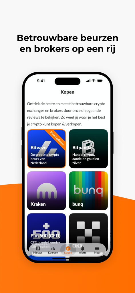 Newsbit: Crypto Nieuws - Pantalla de la aplicación Newsbit mostrando una lista de exchanges y brokers de criptomonedas confiables para que los usuarios comparen y elijan.