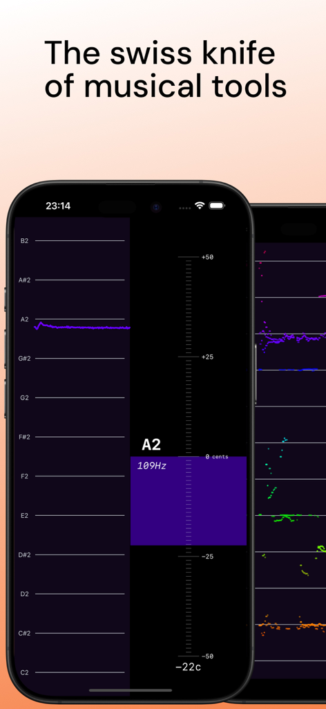 Pitch Diagram: Vocal Tuner - Pitch Diagram app interface displaying a visual pitch graph and real-time intonation tracker on an iPhone