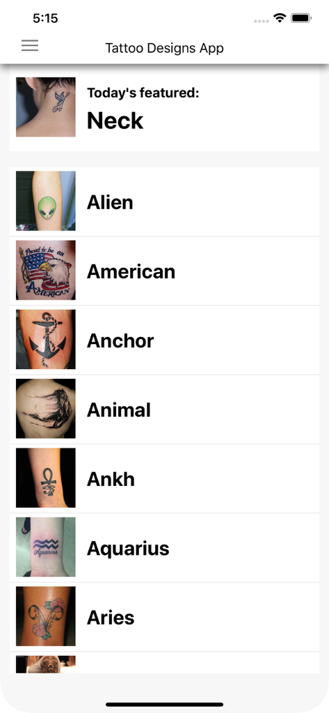 エイリアン、アメリカン、アンカー、アニマルデザインを含むアプリのタトゥーカテゴリーリスト