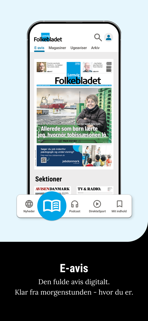 Folkebladet Lemvig - Folkebladet Lemvig mobile app interface showing the digital e-paper section with a navigation menu for news, podcasts, and sports.