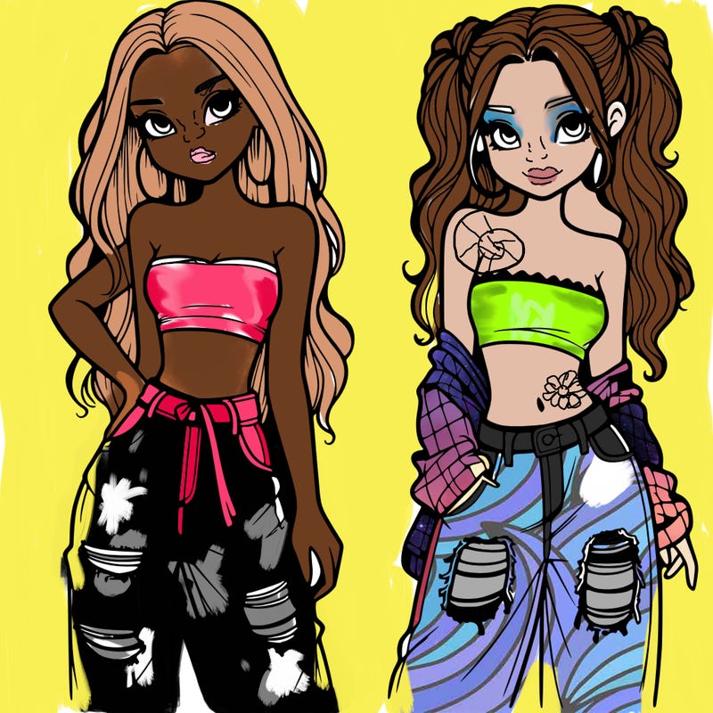 2 girls in crop tops and baggy jeans ripped