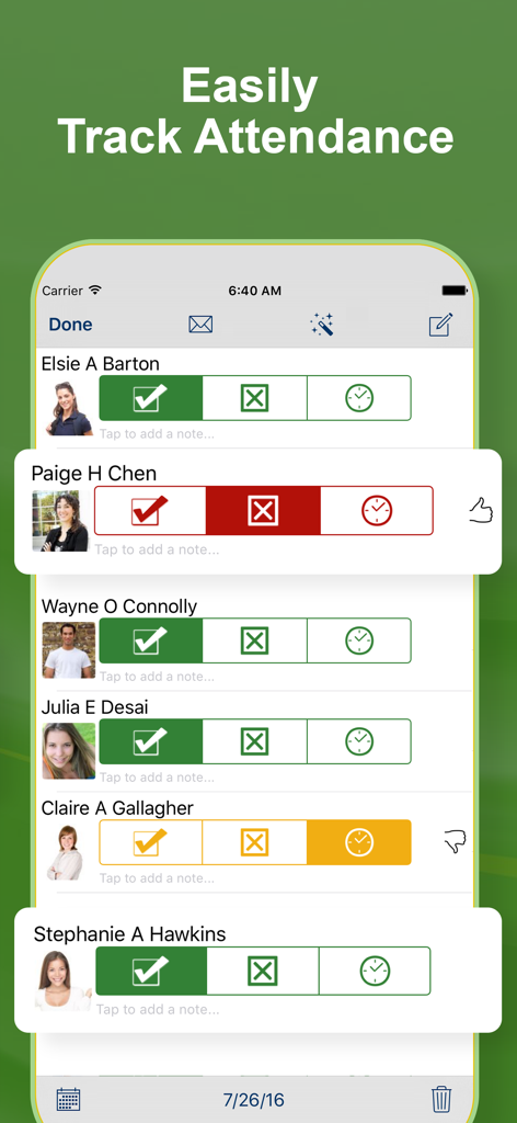GradeBook Pro: Teacher Toolkit - Oberfläche zur Anwesenheitsverfolgung mit Schülerfotos und Status-Icons für anwesend, abwesend oder verspätet