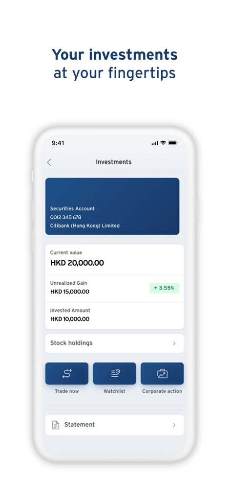 Pantalla de inversiones de la aplicación móvil Citibank HK que muestra el saldo de la cuenta de valores, ganancias no realizadas y opciones de negociación