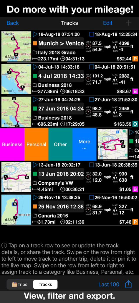 Speedometer 55 Pro. GPS kit. - Speedometer 55 Pro app showing a list of recorded GPS tracks with maps mileage and trip costs categorized for business or personal use
