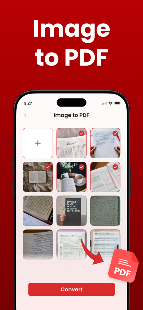 여러 사진을 일괄 변환하여 PDF 문서로 만드는 기능을 보여주는 모바일 앱 인터페이스
