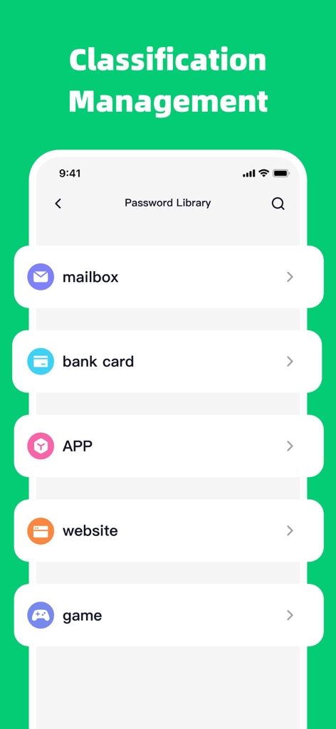 Password Vault - Manager - Interface of Password Vault app showing organized categories for mailbox bank card app website and game passwords