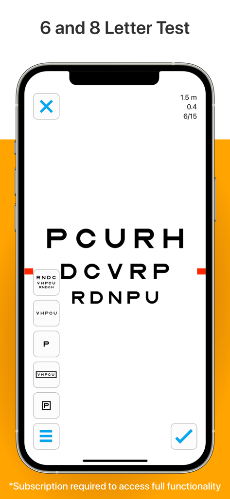 Screenshot of the Kay iSight Test Professional app on an iPhone displaying a Sloan letter vision test for professional medical use