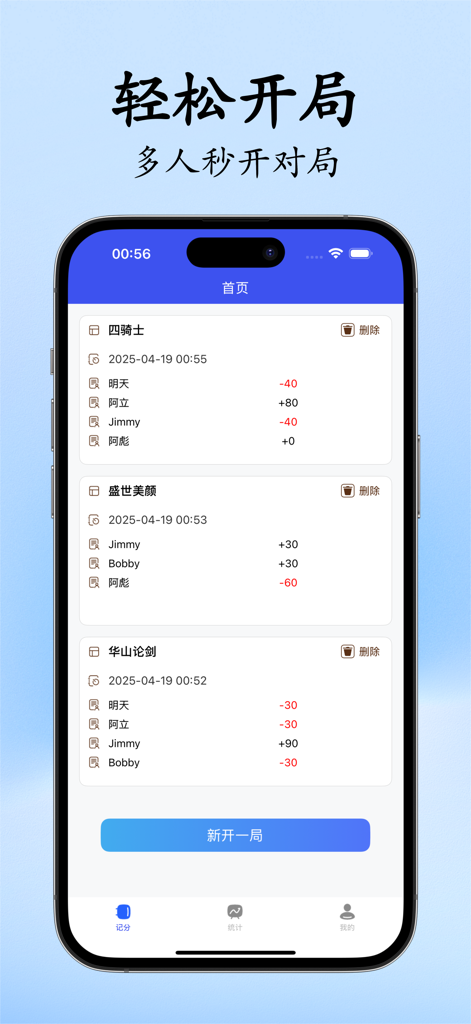 Mahjong Friends Scorer interface displaying game history and player points