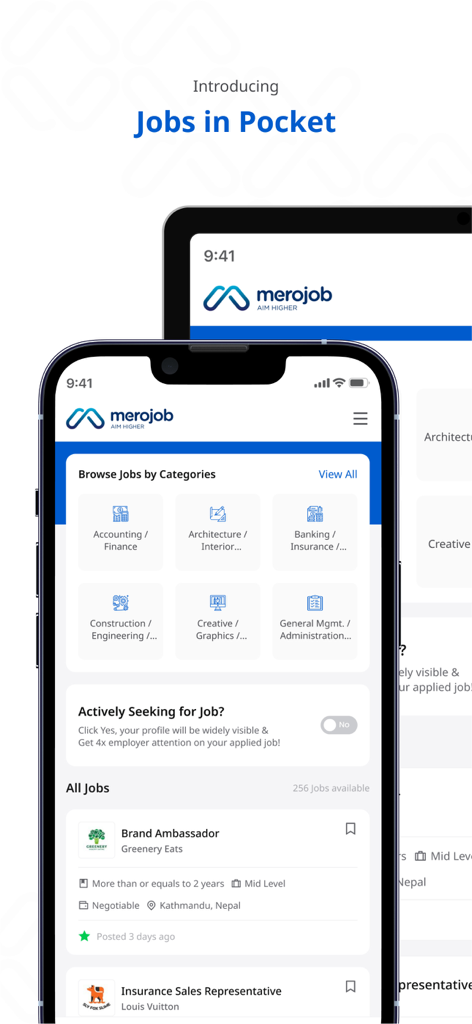 Merojob.com - Merojob mobile app interface showing job categories and recent job listings in Nepal