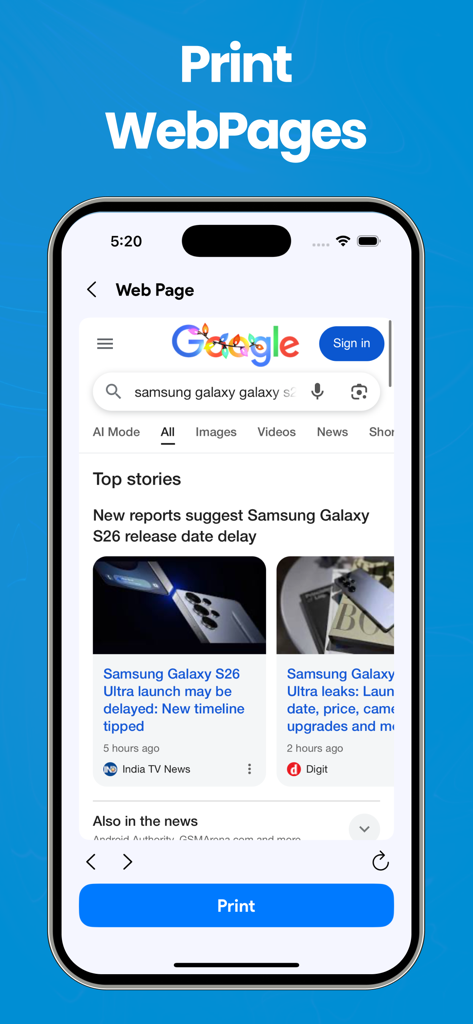 Smart Printer App & Scanner ´ - Una pantalla de aplicación móvil que muestra la función de impresión de páginas web con un resultado de búsqueda de Google y un botón de impresión azul