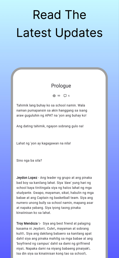 Haloreads - Mobile interface of Haloreads app featuring a Tagalog story prologue