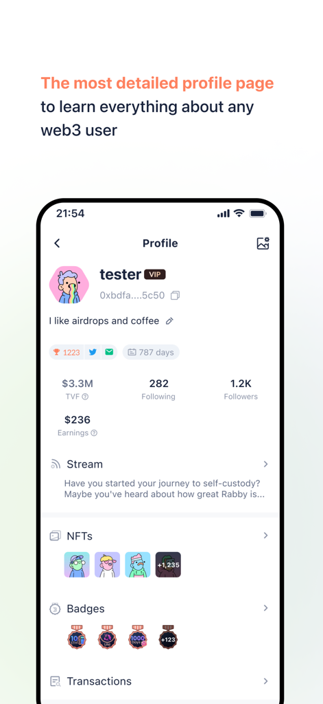 DeBank Crypto & DeFi Portfolio - A mobile screen showing a detailed Web3 user profile with total portfolio value, NFT collection, and earned badges