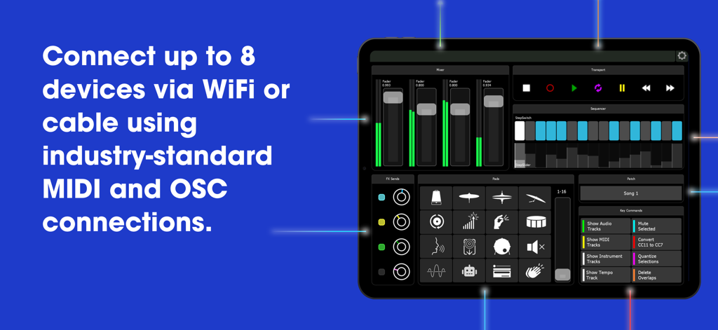 Customizable Lemur MIDI and OSC controller interface on an iPad showing connectivity options