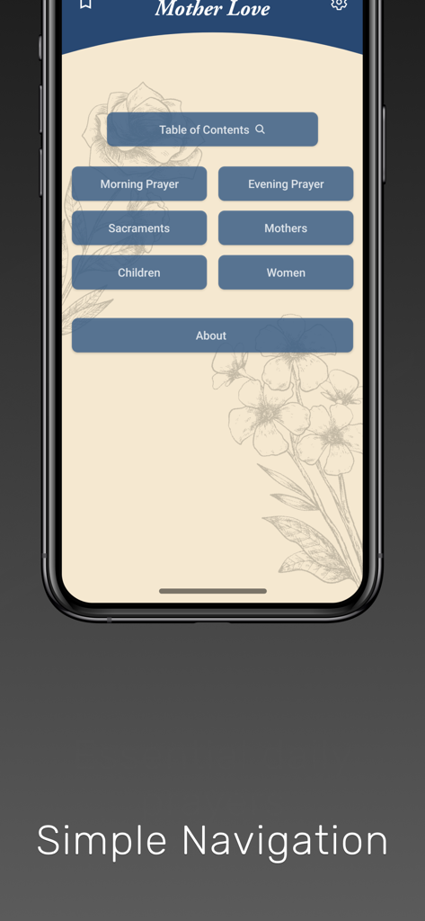 Mother Love - Main menu of the Mother Love app showing prayer categories like Morning Prayer and Sacraments on a floral parchment background