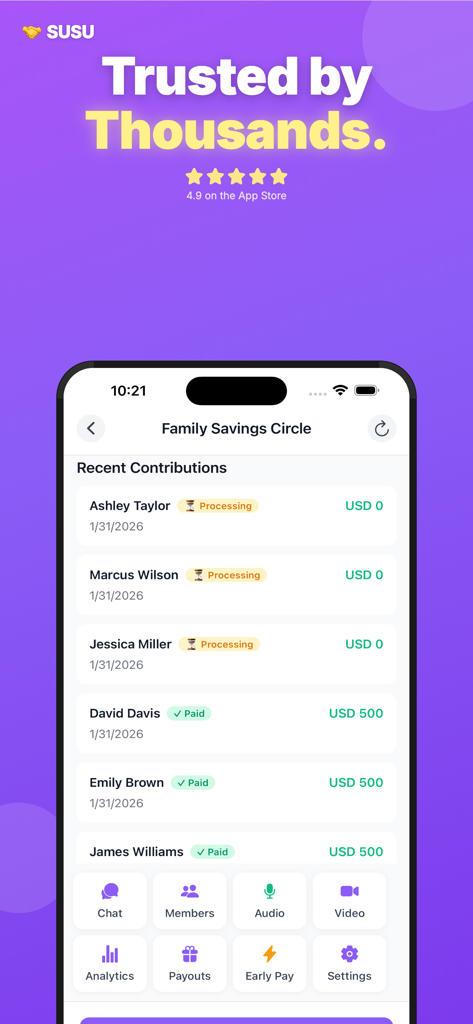 SUSU Circles - Smartphone display showing the SUSU Circles app family savings contribution tracking screen