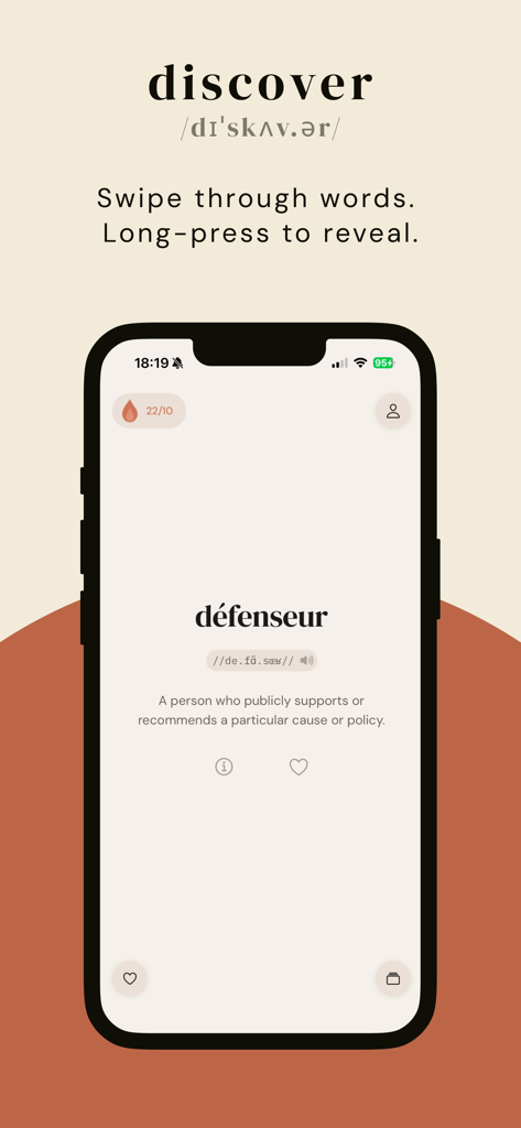 myw - Daily Vocabulary - Interfaz minimalista de aplicación móvil que muestra una tarjeta de vocabulario en francés para la palabra défenseur con definición y transcripción fonética.