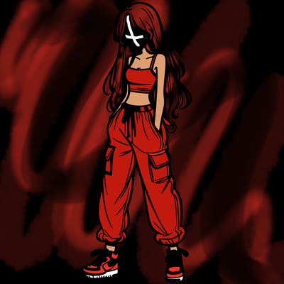 girl in baggy pants crop top and long hair