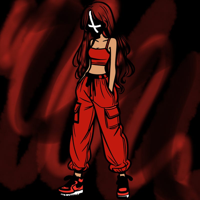 girl in baggy pants crop top and long hair
