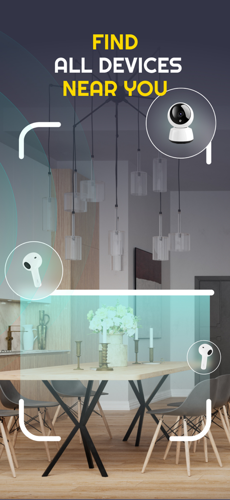Smart Device Detector & Signal - Interfaz de aplicación móvil escaneando una habitación para encontrar dispositivos electrónicos cercanos como cámaras y auriculares