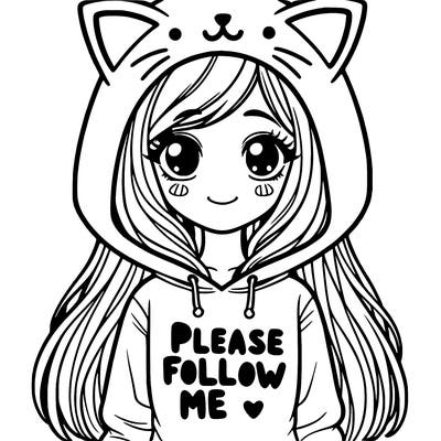 girl with long hair in a cat hoodie saying please follow me