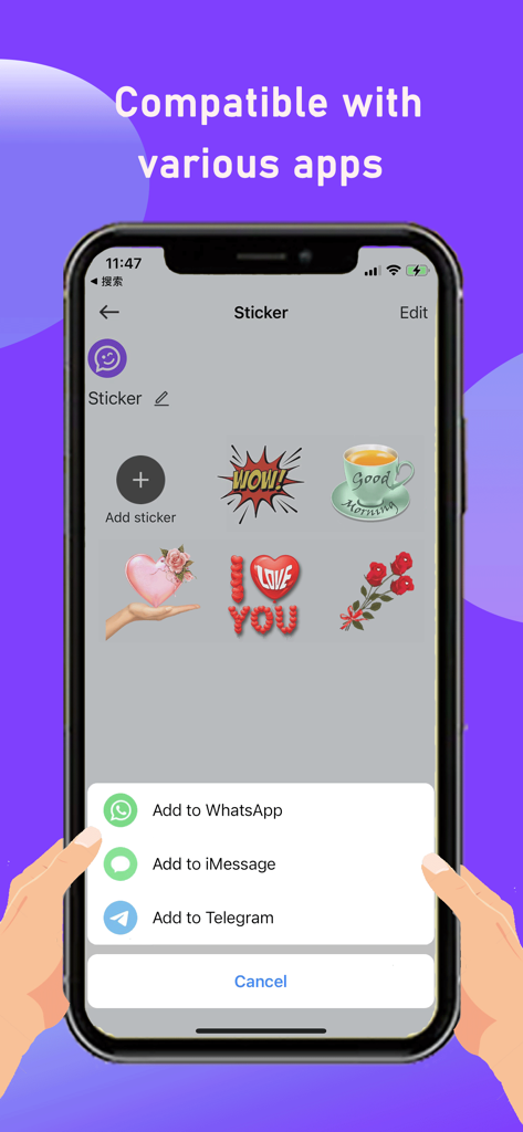 Text Stickers - Sticker Maker - Interface de l'application Text Stickers montrant les options d'exportation d'autocollants personnalisés vers WhatsApp, iMessage et Telegram.