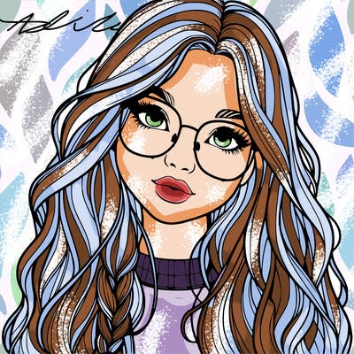 girl with long hair and freckles and glasses realistic