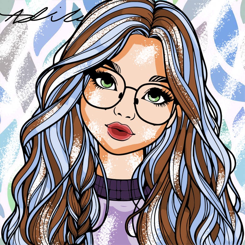 girl with long hair and freckles and glasses realistic