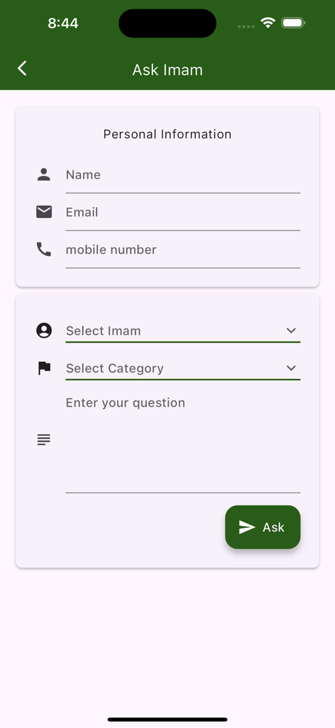 Masjid Quba - Edmonton - Un formulario digital dentro de la aplicación Masjid Quba para que los miembros de la comunidad envíen preguntas directamente a un Imán, que incluye campos para información de contacto y un área de mensaje.