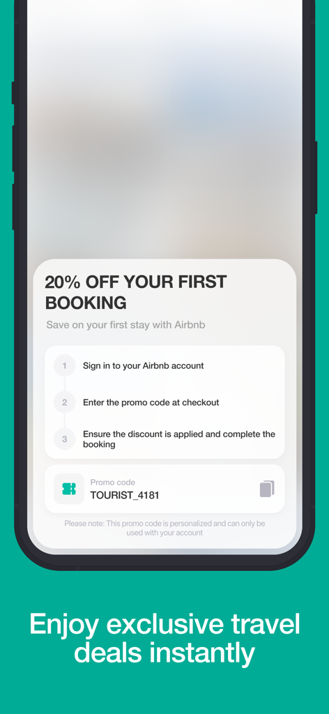 Tourist.com - Tourist app screen displaying an exclusive 20 percent discount for Airbnb bookings